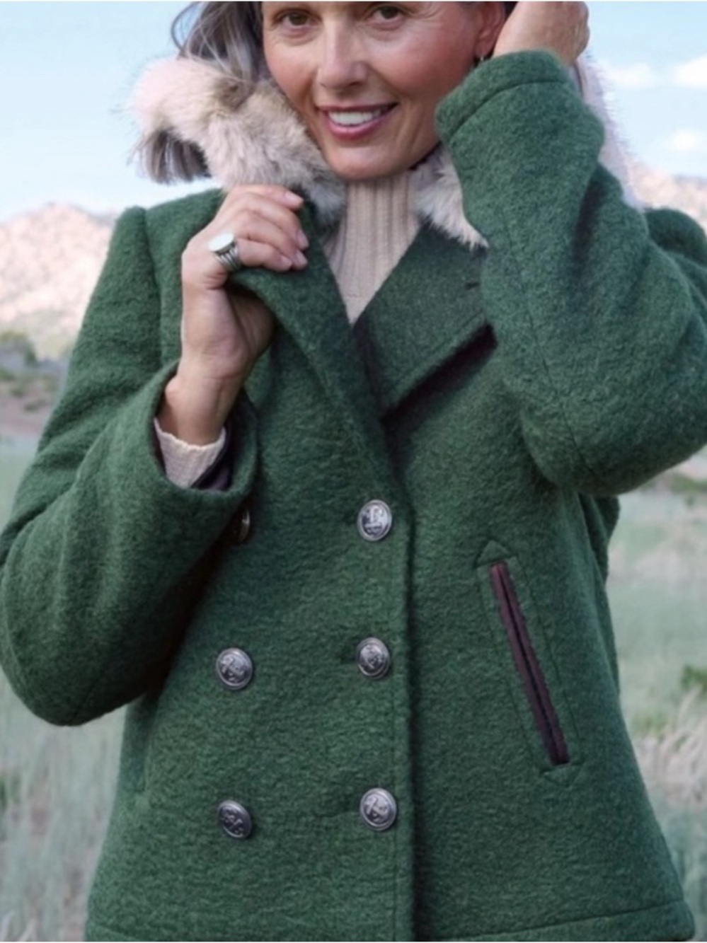Sundance AlpenhornWool Blend Double-Breasted Green Peacoat with Fur Trim